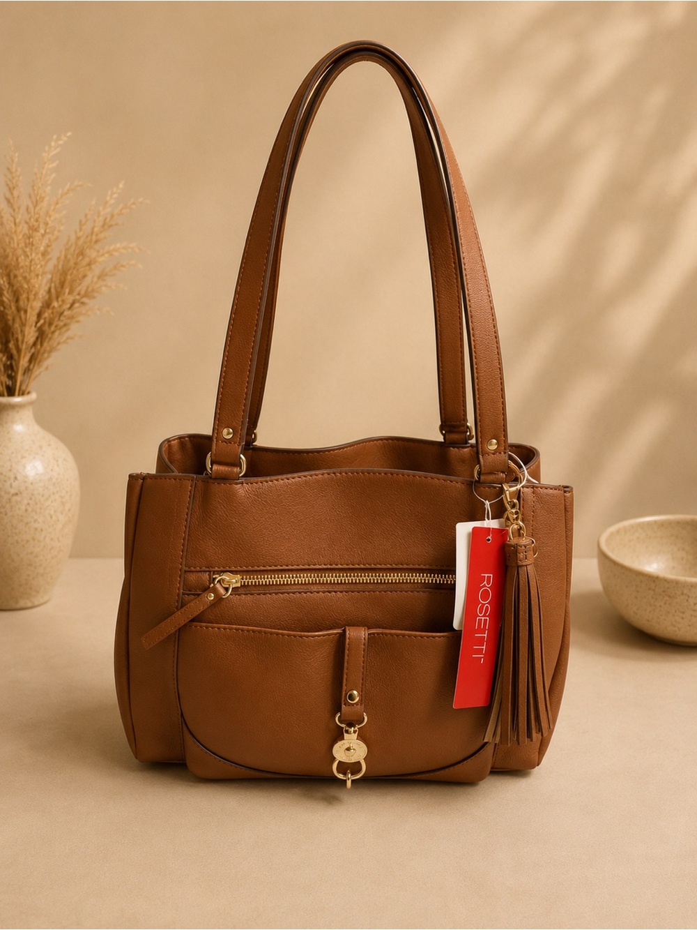 Rosetti Tan Brown Shoulder Tote with Tassel Charm